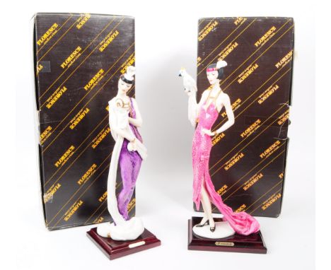 Two Art Deco porcelain china figurines. Florance branded boxes with capodimonte labels to interior. Woman with parrot and ano