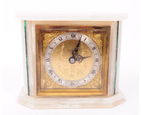 Elliott, London - Rowden &amp; Sons - Alabaster mid 20th century gilt mantel clock. Ebonised chapter ring with Roman numerals