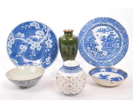 A collection of 19th century and later Asian Chinese porcelain items. To include a prunus plate, gilt rim bowl (af), another 
