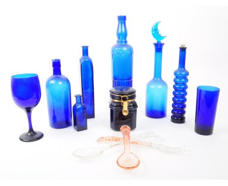 A collection of 20th century Bristol Blue glass. To include bobbin turn glass bud vase / decanter, drinking glasses, vases, s