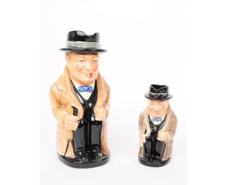 Royal Doulton - Winston Churchill - Two vintage 20th century ceramic pottery character jugs. Winston in the seated position w
