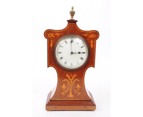 Edwardian inlaid Art Nouveau mantel clock. Mahogany construction with inlaid decoration. White face with ebonised Roman numer
