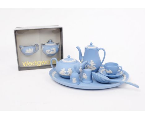 Wedgwood - Jasperware - A vintage 20th century porcelain doll's tea service set. Including teapot, coffee pot, bell AF, cup, 