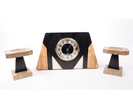 An Art Deco marble garniture mantel clock. Silver face with ebonised chapter ring with 24 hour movement. Silver pierced hands