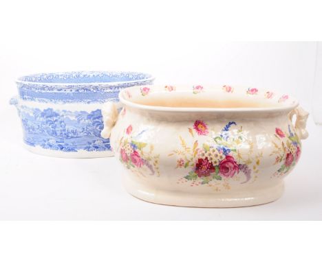 Copeland - Spode - X2 oval planter / footbath pieces, one in blue and white foliage with repeating patterns, plus makers mark