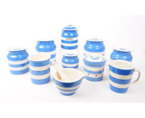 Cornish Kitchenware - A collection of vintage 20th century T.G.Green striped ceramic pieces, to include lidded storage jars, 
