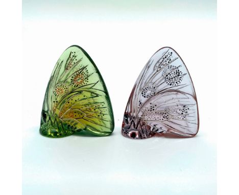 Green and light smokey tone butterflies with embossed enamel designs on the wings. Lalique signature etched on the bases. Dim