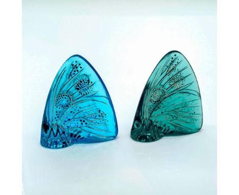 Light Blue and rare retired Blue Green butterflies with embossed enamel designs on the wings. Lalique signature etched on the