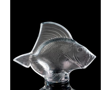 A large clear with satin fish figure with detailed scales. Lalique France etched on the side. Dimensions: 16.25"L x 7.25"W x 