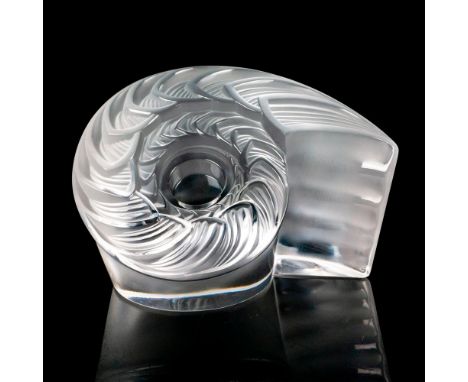 A beautiful frosted and stain clock frame sculpted as a shell. Lalique France etched on the base. Dimensions: 7"L x 4.5"W x 4