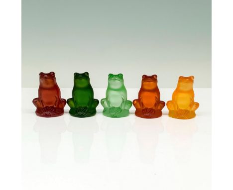 A set of crystal frogs sitting down on their hind legs in 5 various colors: light green, green, yellow, orange, and amber. Si