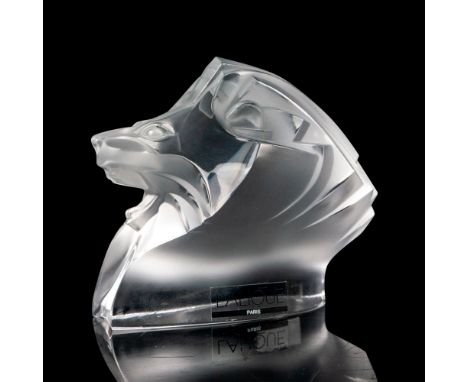 A vintage figure of roaring lion. Crafted to show mane and feline details. Etched Lalique France. Factory sticker at the bott