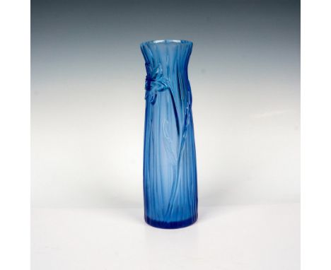 Genuine Lalique crystal vase with relief daffodil flower motif. Frosted light cobalt blue coloration. Lalique, France etched 
