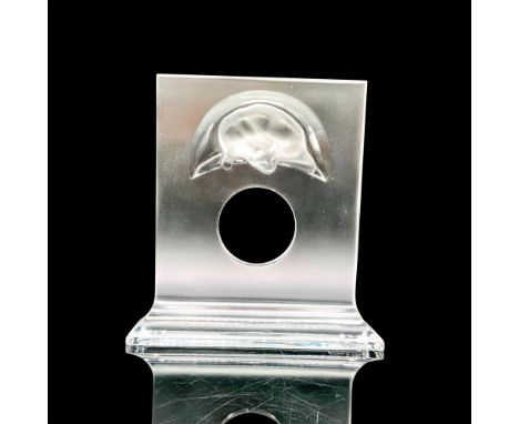 A satin and clear frame for a circular clock. Depicts a raised relief of a curious feline. Lalique France etched on side. Art