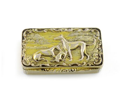 A George IV silver-gilt raised relief snuff box, by Thomas Shaw, Birmingham 1829, rectangular form, the hinged cover with a s