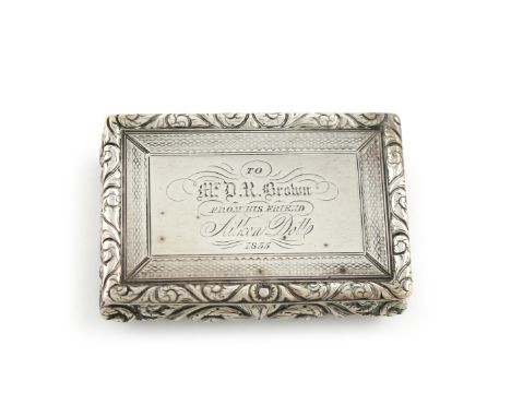 A George IV silver snuff box, by Thomas Shaw, Birmingham 1824, rectangular form, the hinged cover with a foliate scroll borde