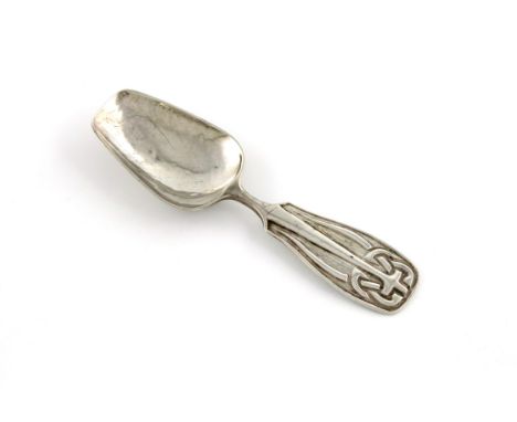 By Liberty and Co, an Edwardian silver caddy spoon, Birmingham 1906, tapering shovel shaped bowl, spot-hammered decoration, t