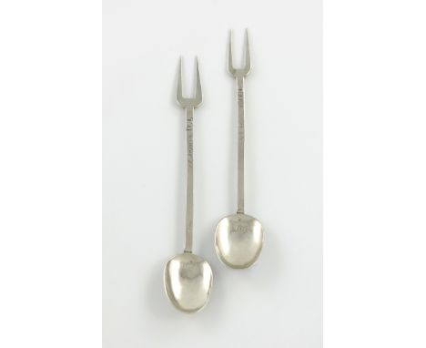 A pair of James II silver sucket spoons/forks, maker's mark of RS above a mullet, London circa 1686, the oval bowls with a pl
