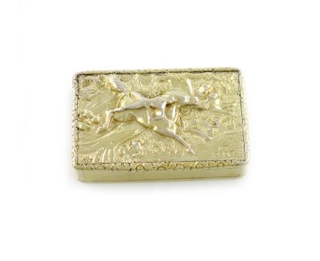 A Victorian silver-gilt raised relief snuff box, Mazeppa, by Edward Smith, Birmingham 1843, rectangular form, the hinged cove