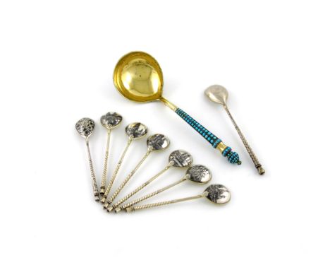 A fine Russian silver-gilt niello work and gem set spoon, possibly by Alexander Kordes, assay master Nikolay Dubrovin, Moscow