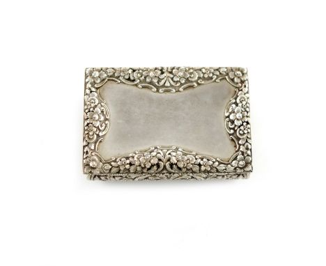 An early-Victorian silver table snuff box, by Nathaniel Mills, Birmingham 1838, rectangular form, bombé sides with foliate sc