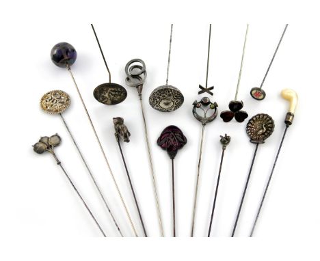 A collection of fifteen various silver hat pins, comprising: an Edwardian one modelled as a teddy bear, by Allday and Lovekin