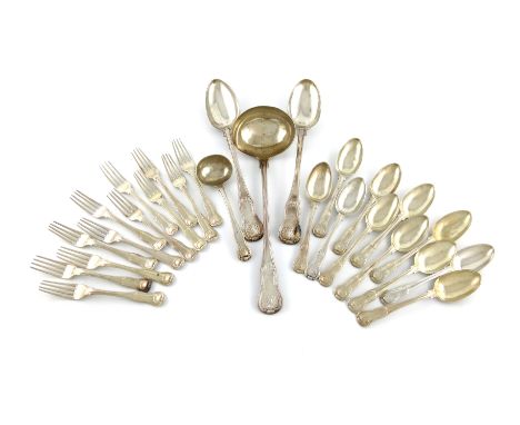 A collection of George IV silver King's Hourglass pattern flatware, mostly by William Chawner, London 1827, comprising: a pai