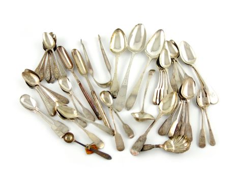 A collection of Irish silver flatware, comprising: a George III marrow scoop, by M. Keating, another marrow scoop, two tables