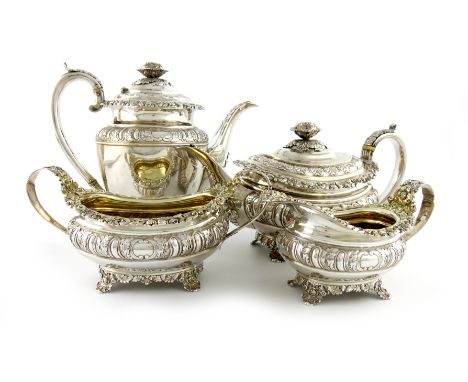 λA four-piece George IV silver tea and coffee set, by Emes and Barnard, London 1821, oblong bellied form, part-fluted and fol