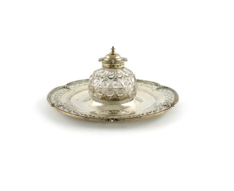 A Victorian silver inkwell, by Henry Wilkinson and Co, Sheffield 1872, shaped circular form, pierced decoration, beaded borde