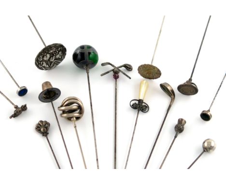A collection of fifteen various silver hat pins, comprising: one modelled as crossed golf clubs and a purple glass finial, Bi