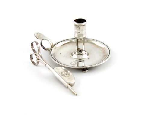 A George III silver chamber stick and pair of scissor snuffers, by David Willaume, London 1727, the snuffers maker's mark CO,