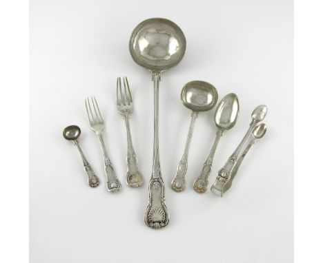 A part canteen of William IV/Victorian King's pattern flatware, by Benjamin Smith, the majority London 1836, marks worn on th
