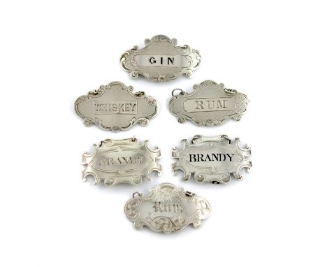 A collection of six Victorian silver wine labels, various dates and makers including Alfred Taylor, incised and blackened 'BR