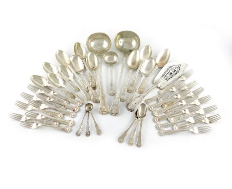 A collection of George III/Victorian King's Hourglass pattern silver flatware, various dates and some date letters worn, by M