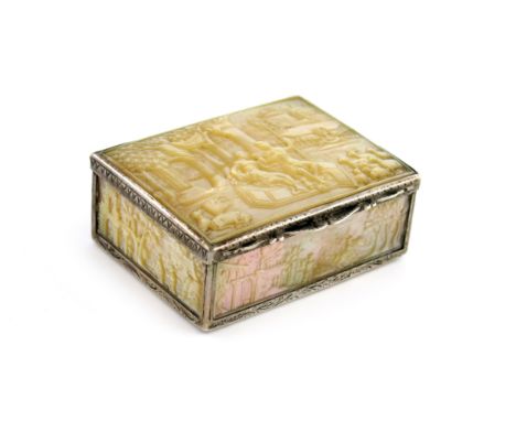 An 18th century silver-mounted mother-of-pearl snuff box, unmarked, rectangular form, the panels carved with figural scenes, 