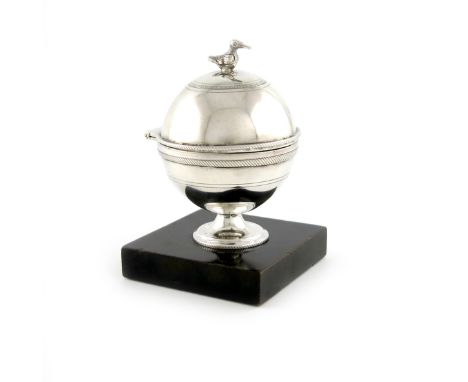 A 19th century continental silver inkwell, globe form, the hinged cover with a duck finial, rope-work borders, with a glass l