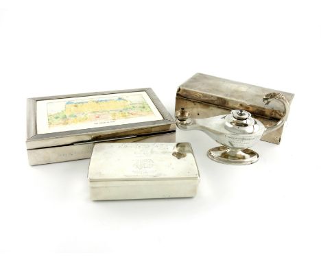 A small mixed lot of regimental silver, comprising: a presentation cigarette box, by William Summers, London 1874, the cover 