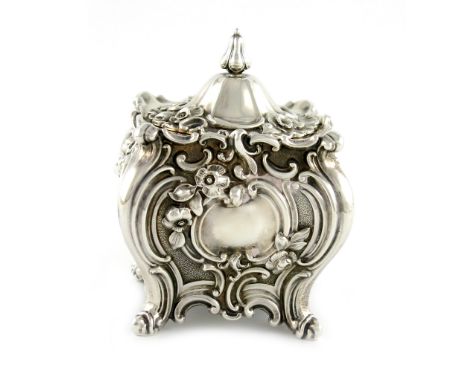 A Victorian silver tea caddy, by Robinson, Edkins & Aston, Birmingham 1841, square bombe form, embossed foliate scroll decora