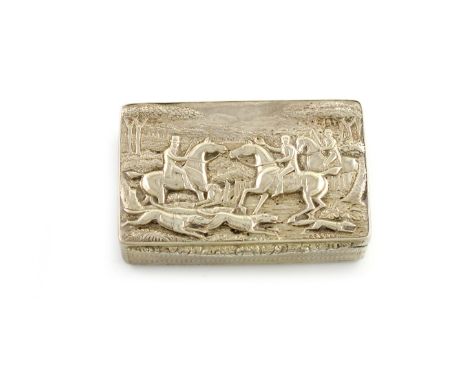 A George IV silver raised relief snuff box, by Thomas Shaw, Birmingham 1829, rectangular form, the hinged cover with a huntin