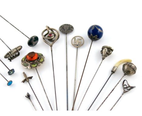 λA collection of fifteen various silver hat pins, comprising: an Edwardian one modelled as a hot air balloon with a hanging g