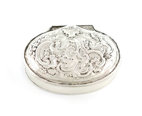 A George II silver snuff box, by Edward Hall, London 1731, oval form, the hinged cover chased with foliate scroll decoration,