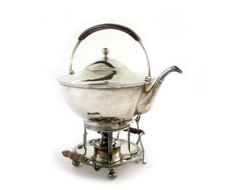 A silver kettle on stand, by D and J Wellby, London 1911, circular tapering form, leather-bound swing-handle, the pull-off co
