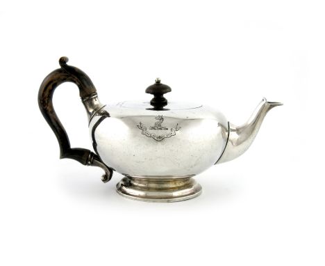 A Victorian silver teapot, by Robert Garrard, London 1839, plain bullet form, flush hinged cover with a knop finial, scroll h