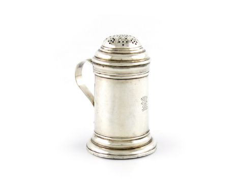 A George I silver kitchen pepper, by George Jones, London 1724, cylindrical form, domed pierced cover, fluted scroll handle, 