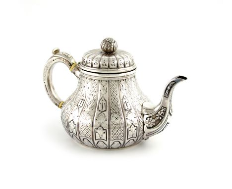 λA Victorian silver teapot, by John Samuel Hunt, London 1850, circular baluster form, with alternate panels of engraved decor