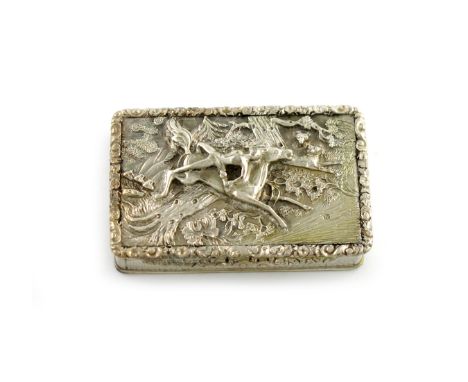 A William IV silver raised relief snuff box, Mazeppa, by Edward Smith, Birmingham 1835, rectangular form, the hinged cover wi