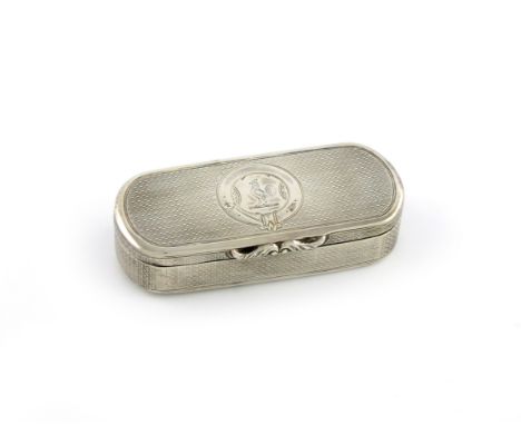 A Victorian silver snuff box, by George Unite, Birmingham 1875, oblong form, engine-turned decoration, the hinged cover with 