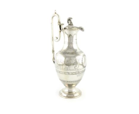 λA Victorian silver ewer, by Martin, Hall and Company, London 1883, in the classical manner, baluster form, engraved with cha