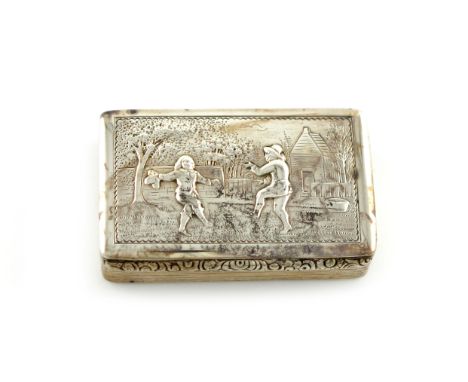 A William IV silver snuff box, by Francis Higgins, London 1832, rectangular form, the hinged cover embossed with two figures 